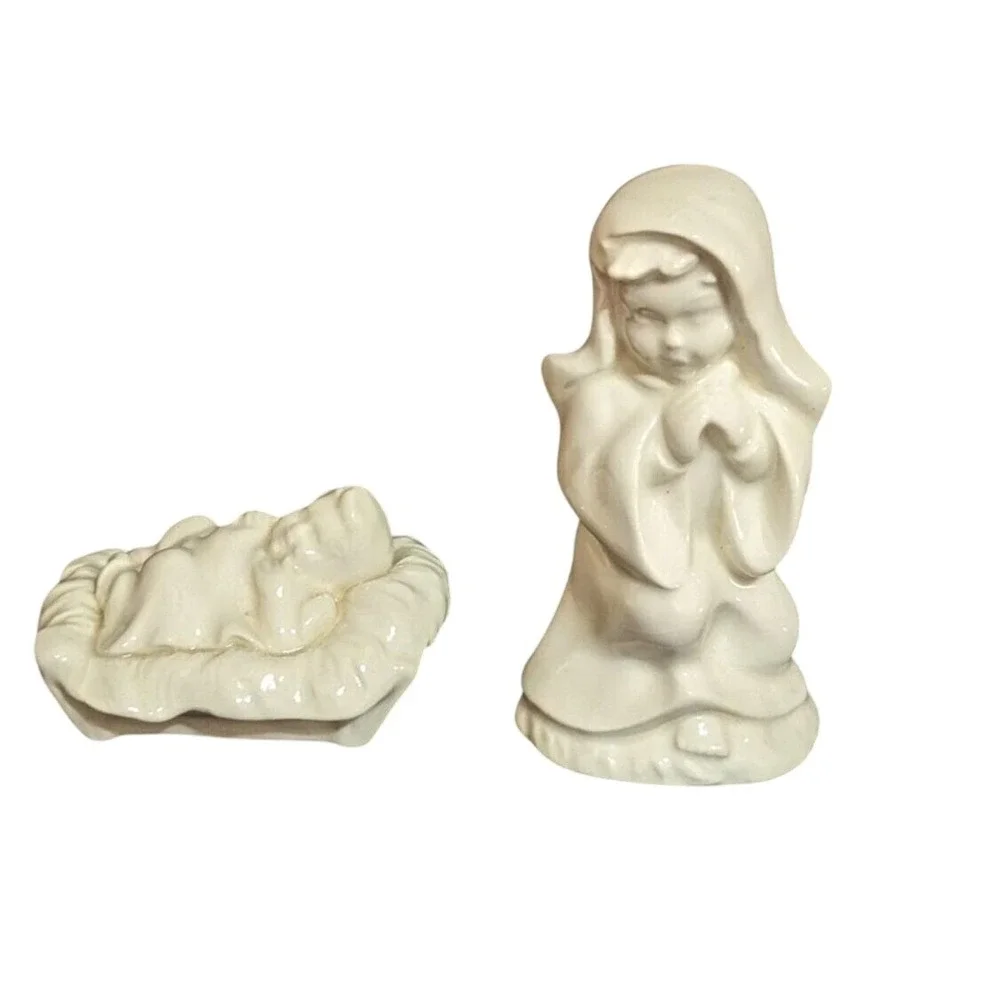 Vintage Ceramic‎ Nativity Mary and Baby Jesus Figurines Cream Glaze 2 Piece Set